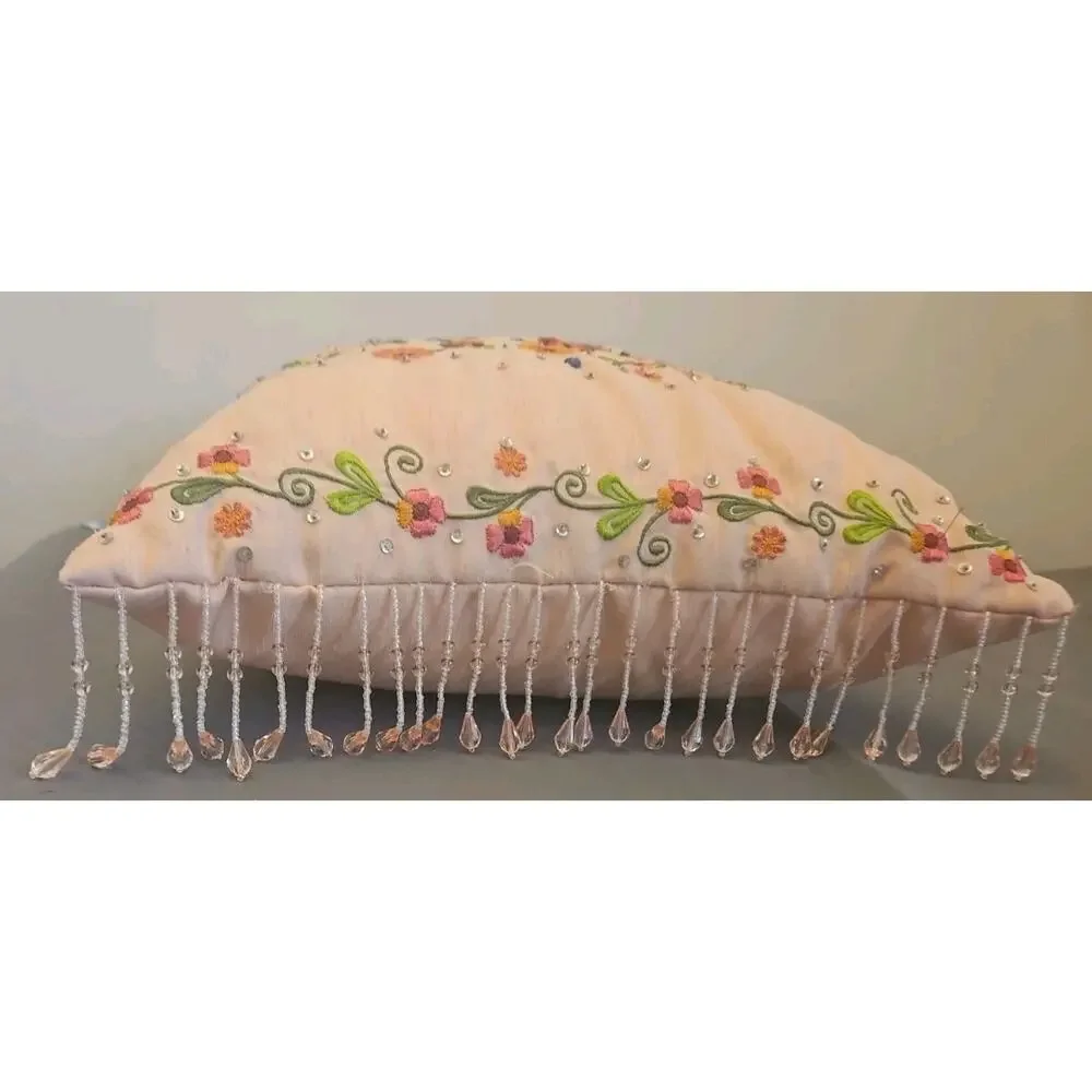 I T R Pillow 14X17 Embroidered and Embellished Flowers Pink Background